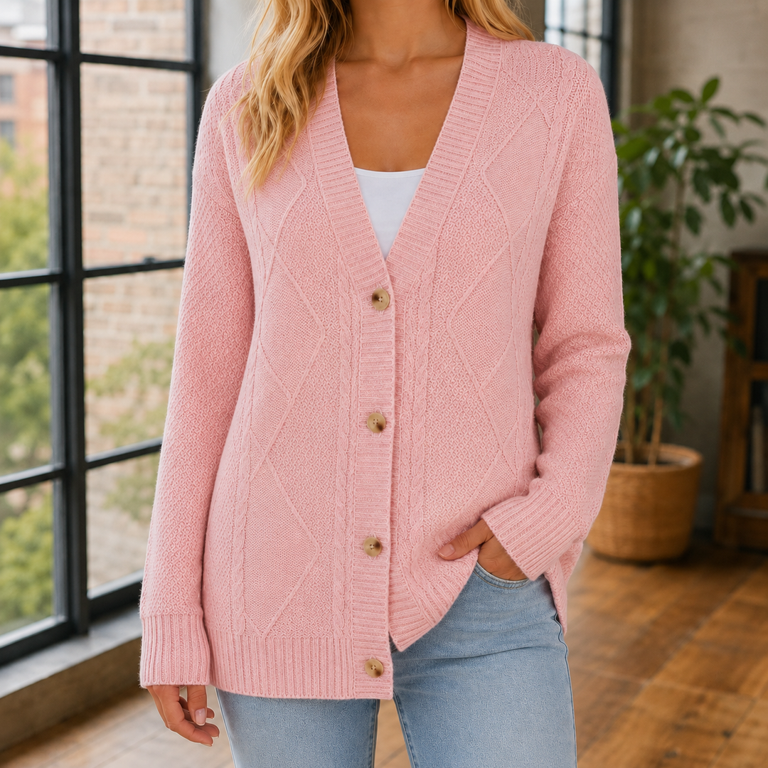 Cardigan Femme Col V Maille Losange Boutonné Manches Longues