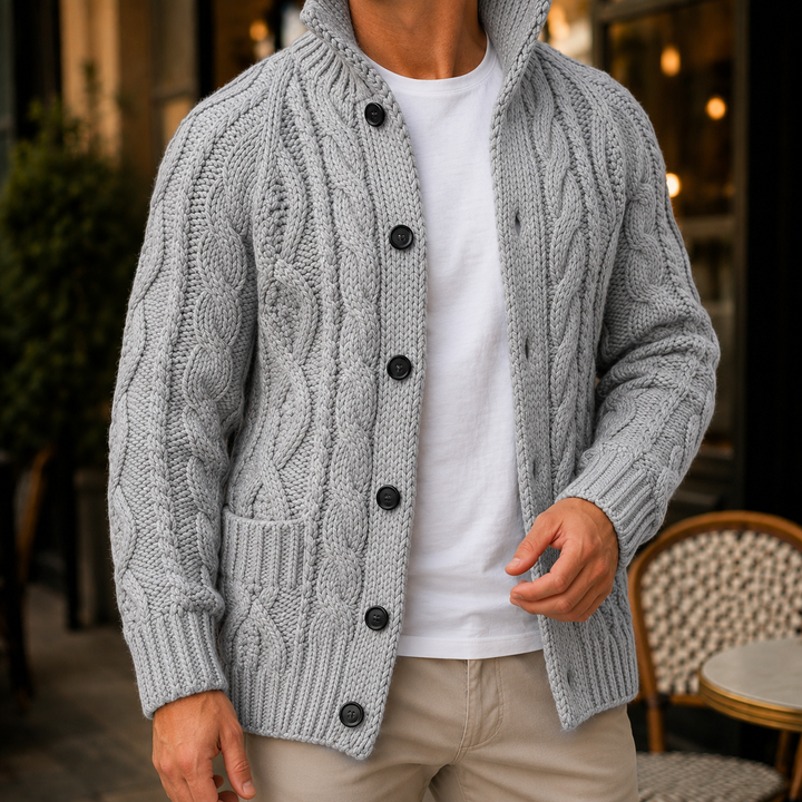 Maglione da uomo in maglia intrecciata con collo sciallato e bottoni