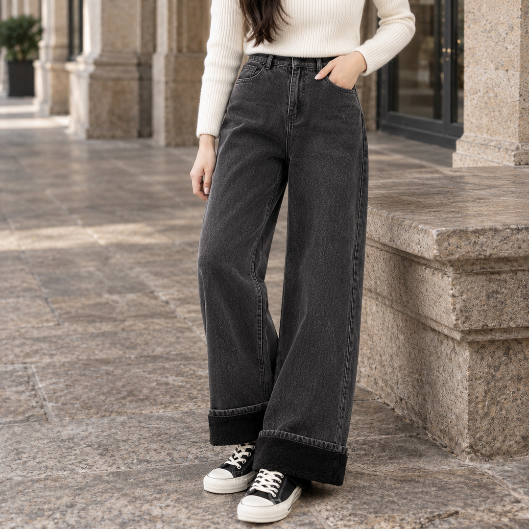 Women's Fleece-Lined Jeans Wide Leg High Waist