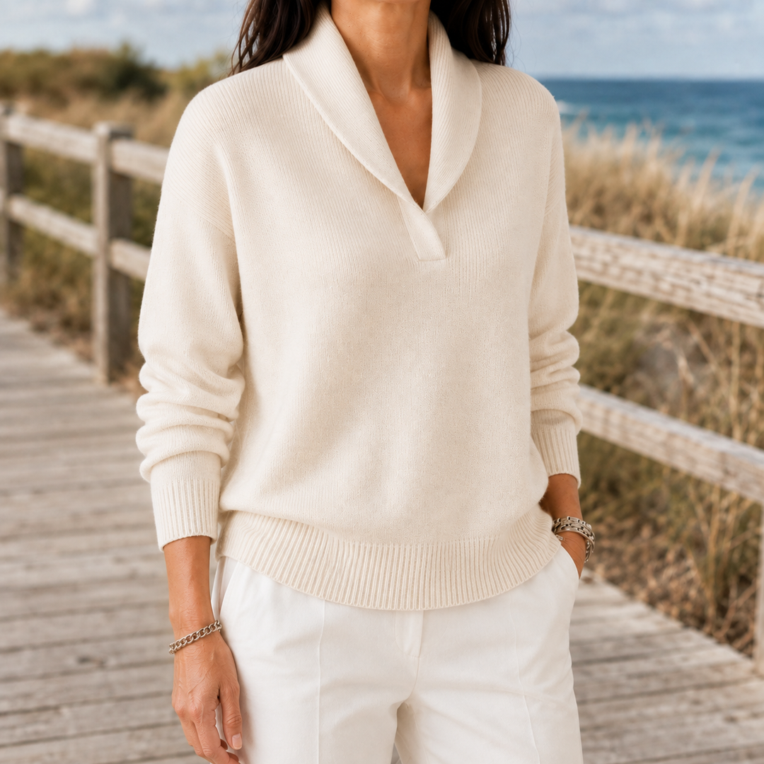Pullover da donna in maglia fine con collo a scialle aperto e taglio casual