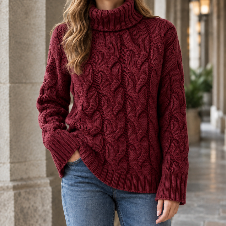 Women's Oversized Turtleneck Cable-Knit Sweater