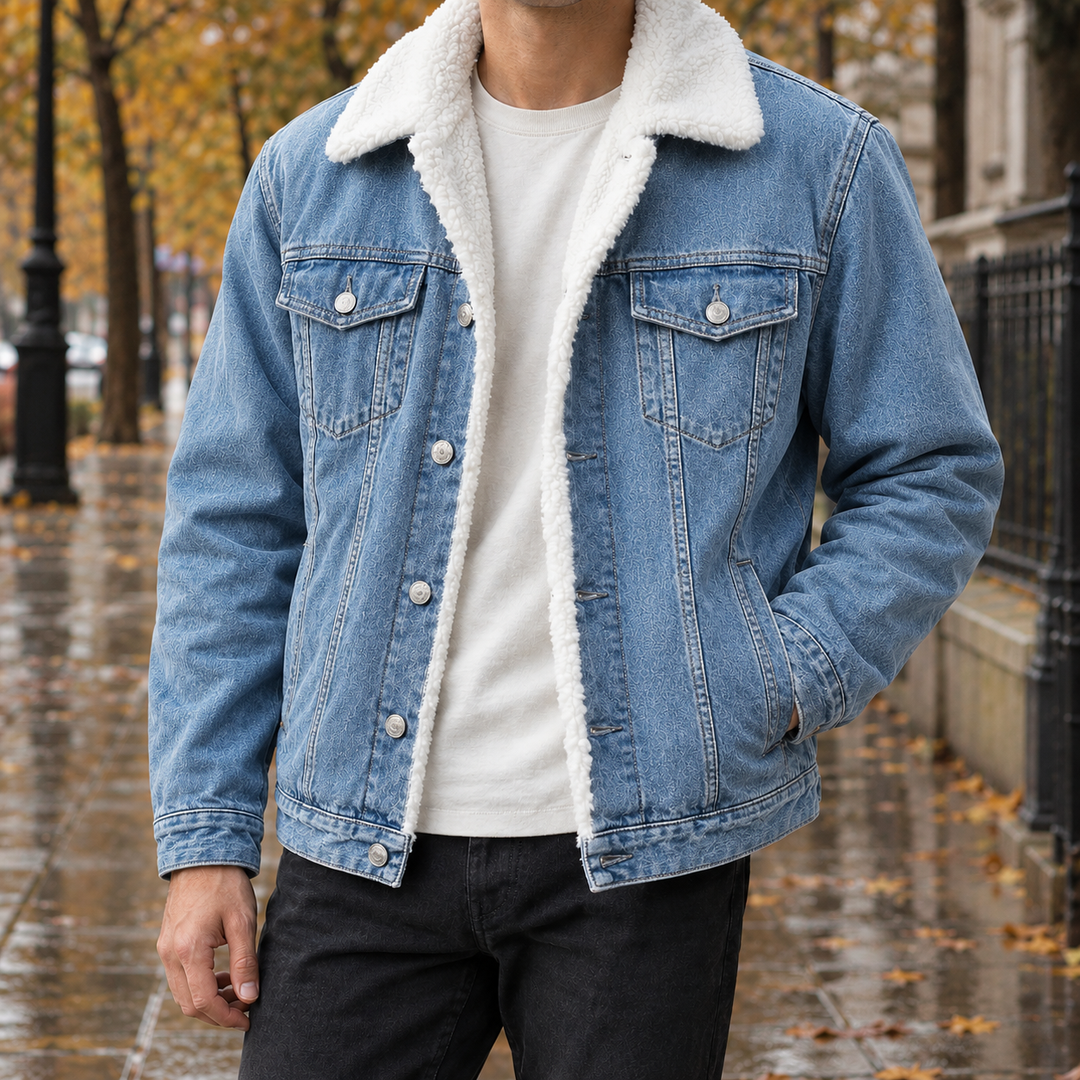 Men's Denim Jacket with Sherpa Lining and Faux Fur Collar