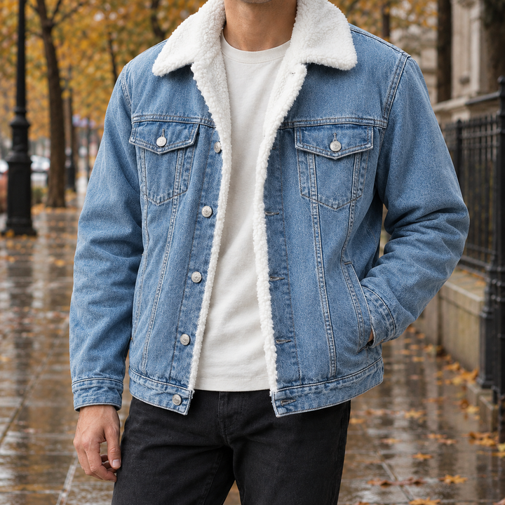 Men's Denim Jacket with Sherpa Lining and Faux Fur Collar