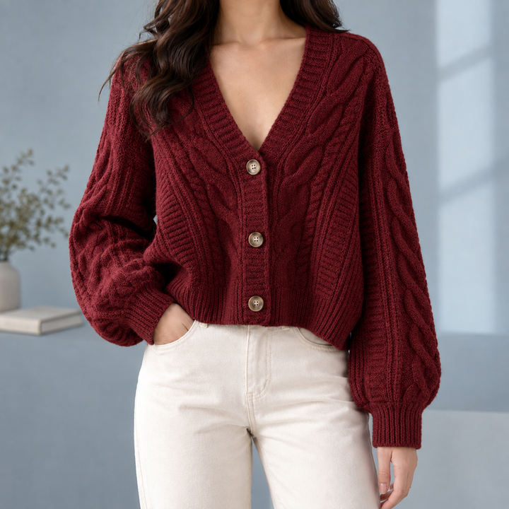 Gilet da donna in maglia a treccia con scollo a V profondo e tre bottoni