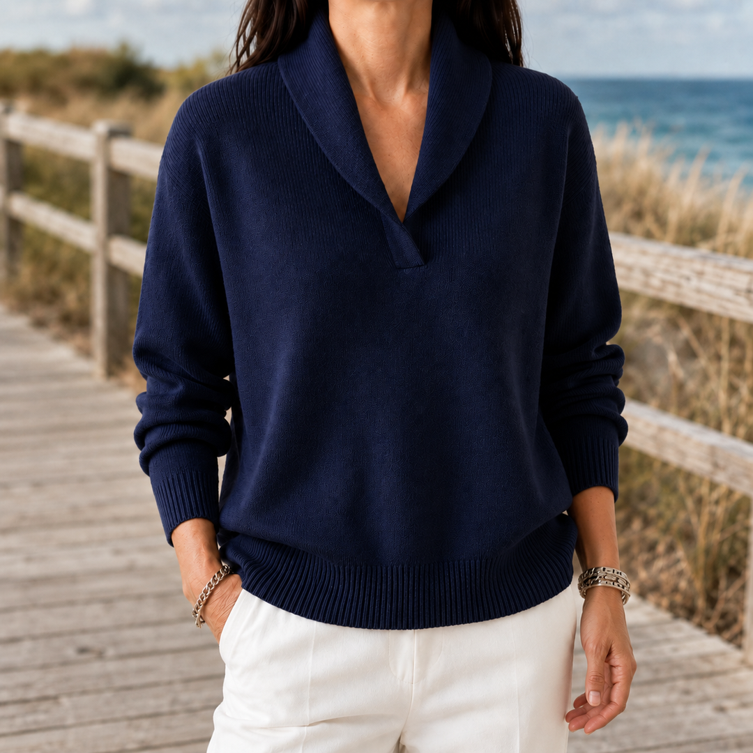 Pullover da donna in maglia fine con collo a scialle aperto e taglio casual