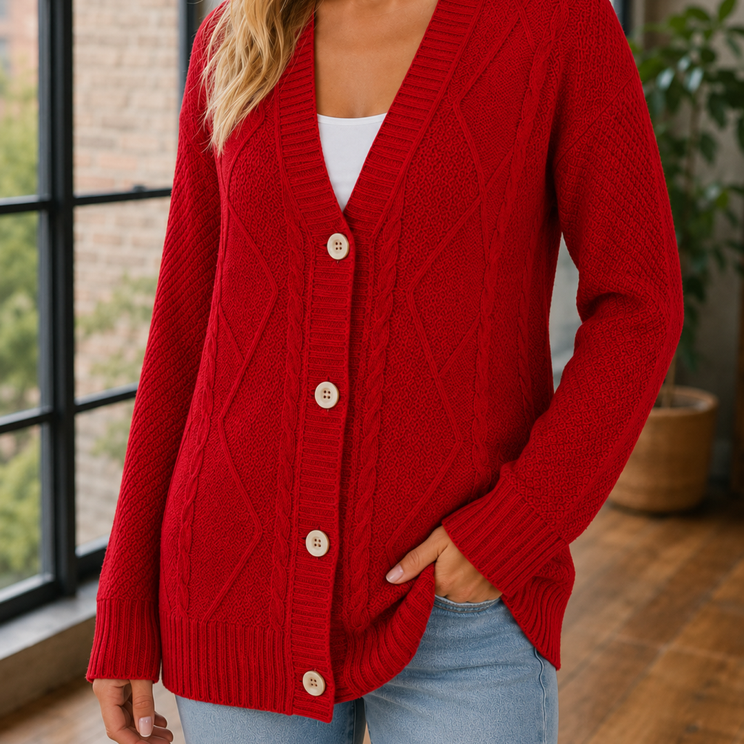 Cardigan Femme Col V Maille Losange Boutonné Manches Longues