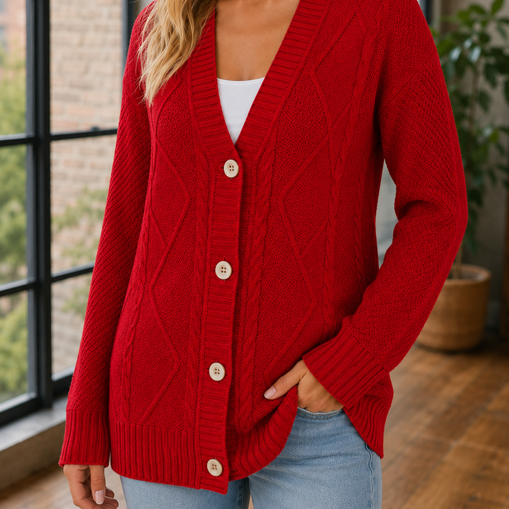 Cardigan Femme Col V Maille Losange Boutonné Manches Longues