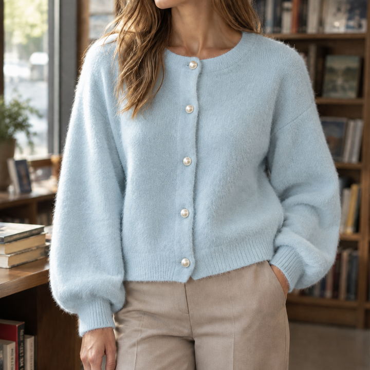 Cardigan da donna in maglia morbida con bottoni effetto perla e taglio casual