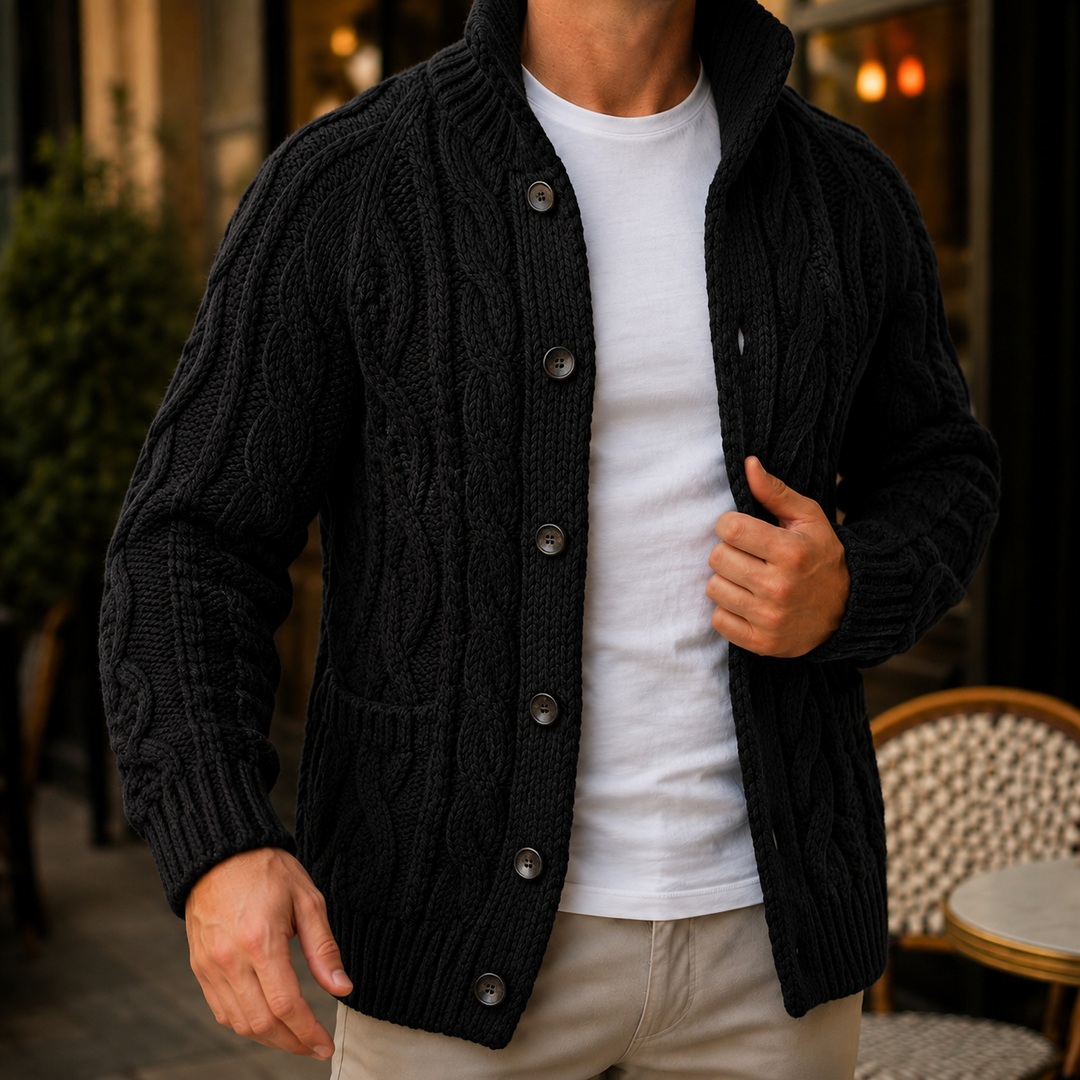 Maglione da uomo in maglia intrecciata con collo sciallato e bottoni