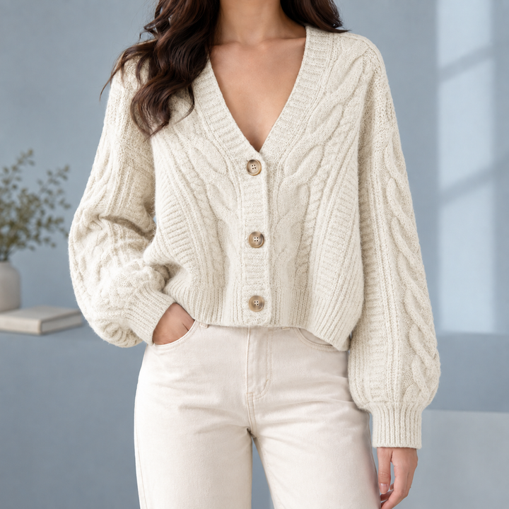 Gilet da donna in maglia a treccia con scollo a V profondo e tre bottoni
