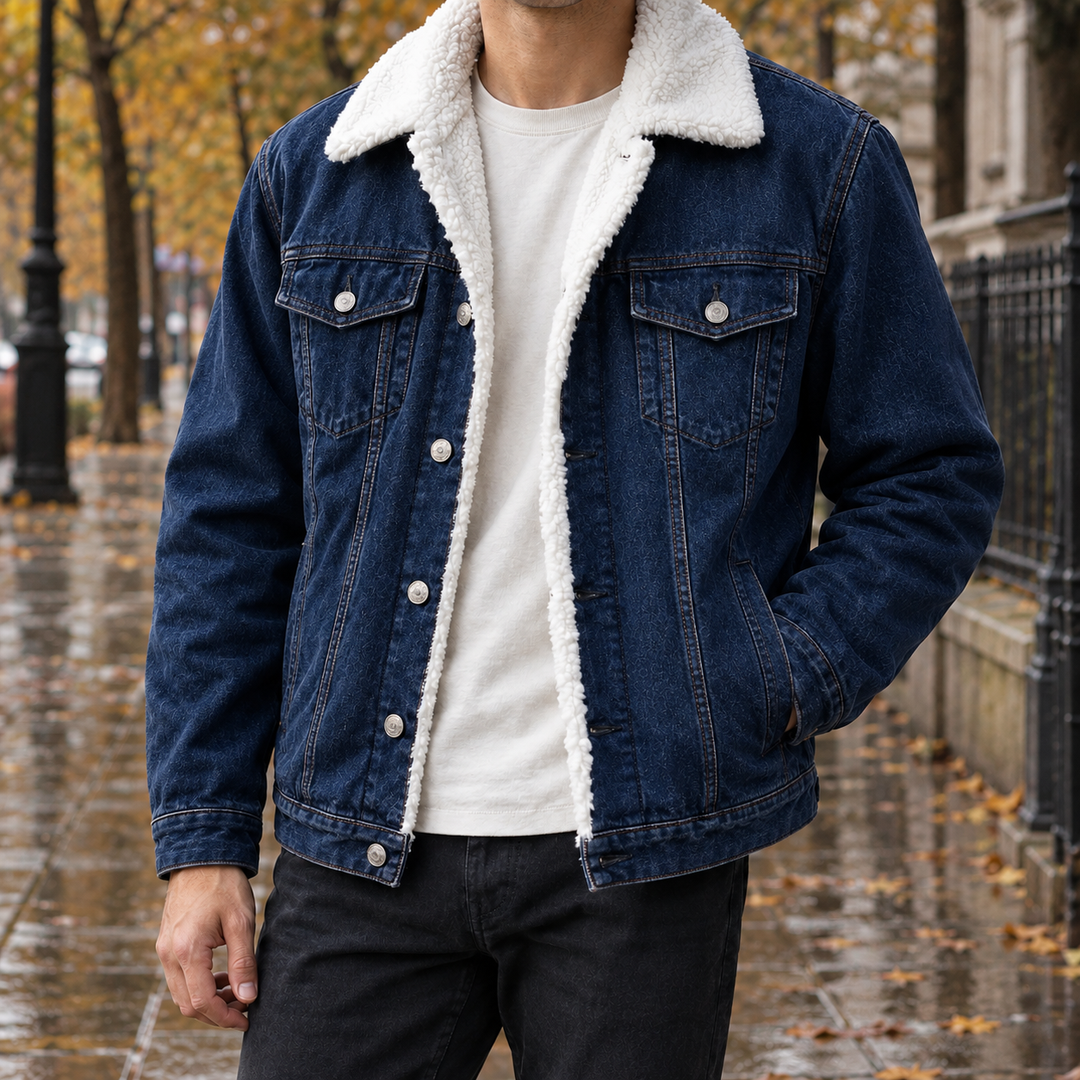 Men's Denim Jacket with Sherpa Lining and Faux Fur Collar