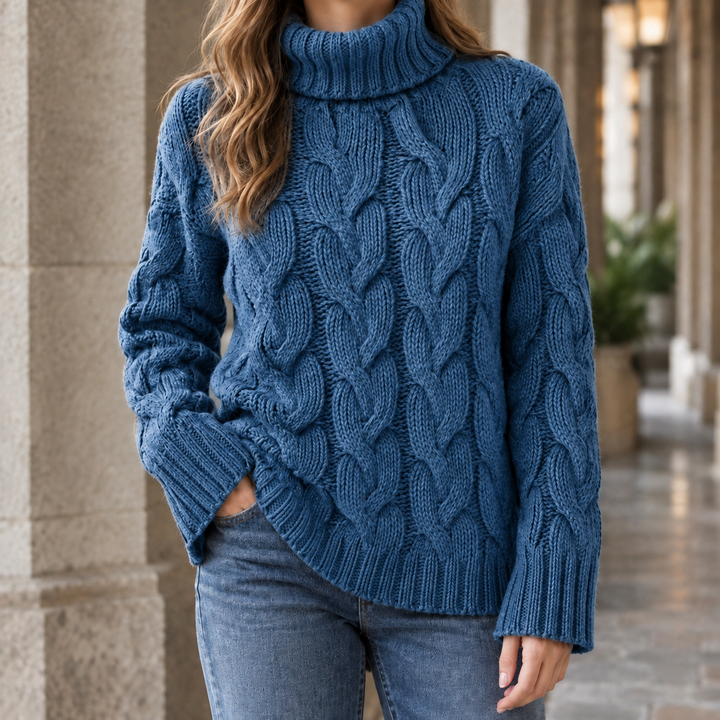 Women's Oversized Turtleneck Cable-Knit Sweater