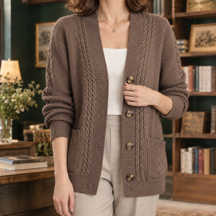 Cardigan da donna in maglia intrecciata con scollo a V, abbottonato e con tasche applicate