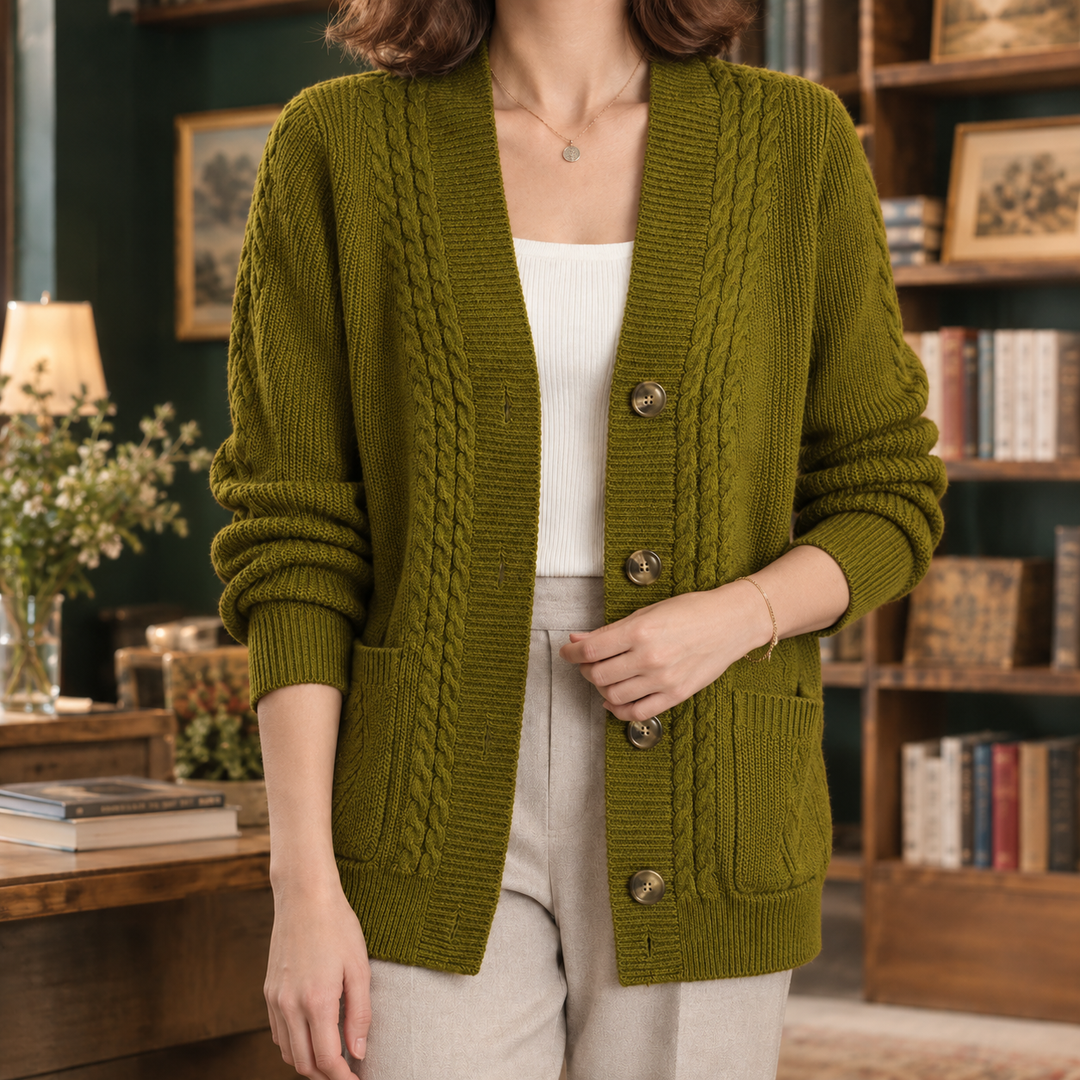 Cardigan da donna in maglia intrecciata con scollo a V, abbottonato e con tasche applicate