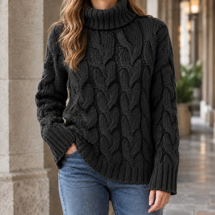 Women's Oversized Turtleneck Cable-Knit Sweater