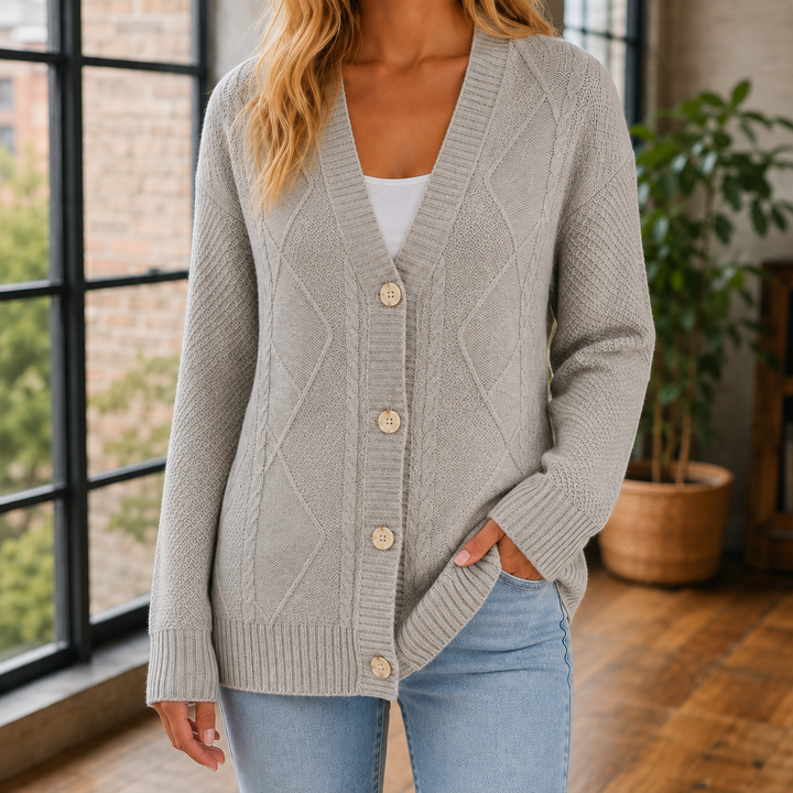 Cardigan Femme Col V Maille Losange Boutonné Manches Longues