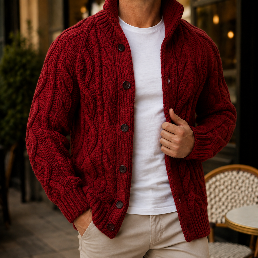 Maglione da uomo in maglia intrecciata con collo sciallato e bottoni