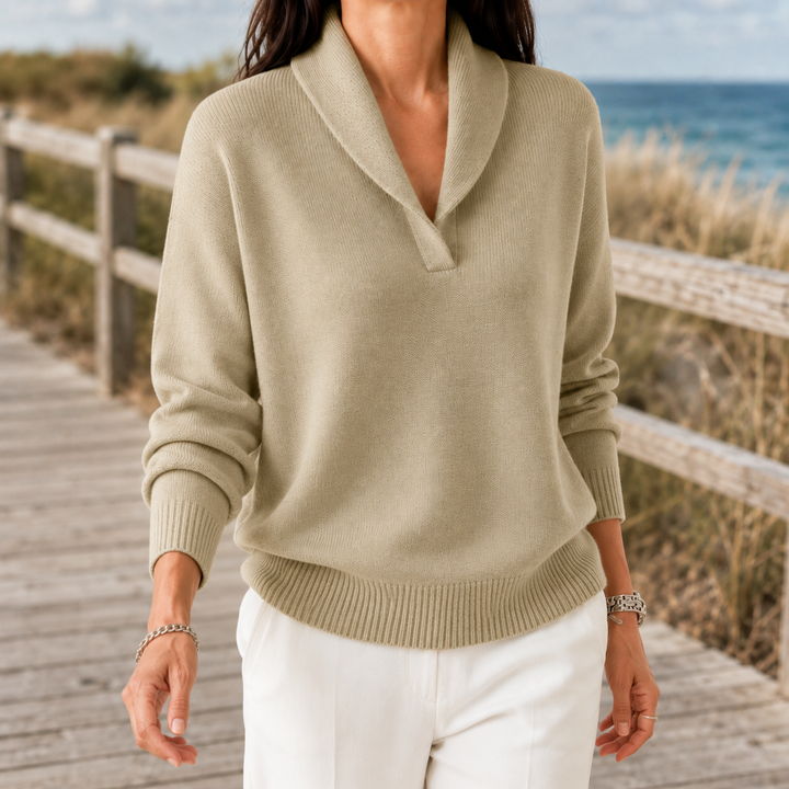 Pullover da donna in maglia fine con collo a scialle aperto e taglio casual