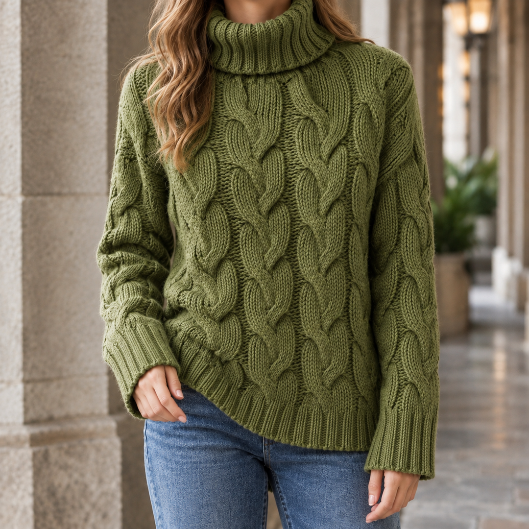 Women's Oversized Turtleneck Cable-Knit Sweater
