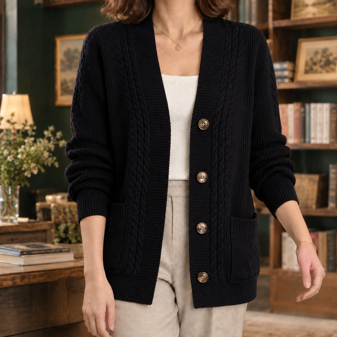 Cardigan da donna in maglia intrecciata con scollo a V, abbottonato e con tasche applicate