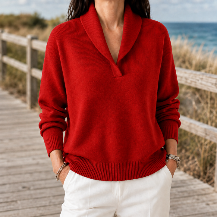 Pullover da donna in maglia fine con collo a scialle aperto e taglio casual