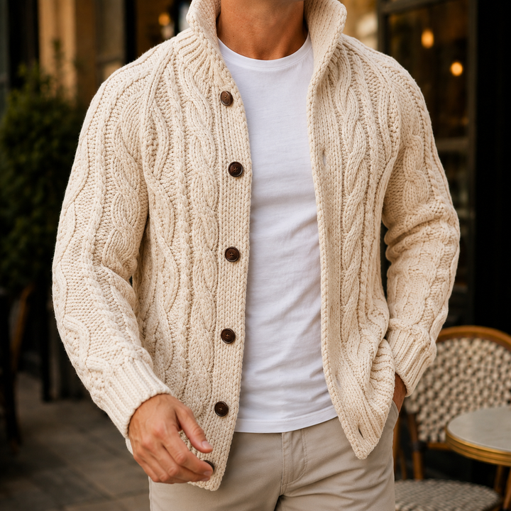 Maglione da uomo in maglia intrecciata con collo sciallato e bottoni