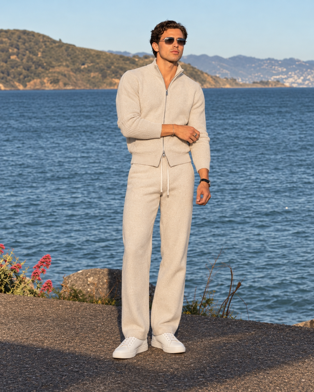 Ensemble En Maille Homme Col Montant Zippé Et Pantalon Droit