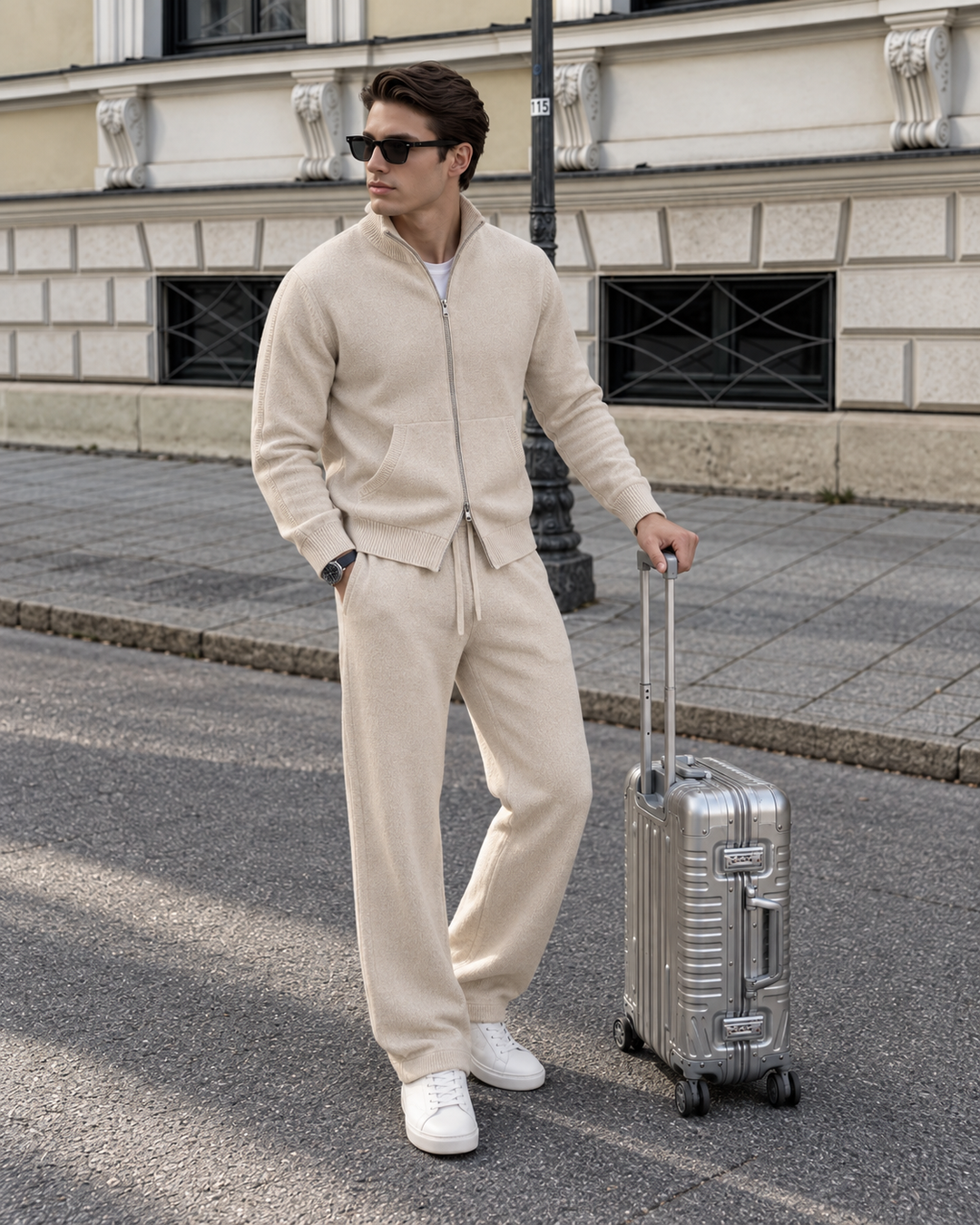 Ensemble En Maille Homme Col Montant Zippé Et Pantalon Droit
