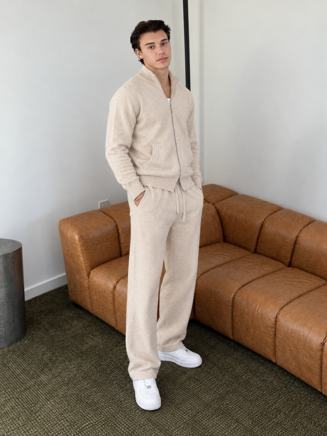 Ensemble En Maille Homme Col Montant Zippé Et Pantalon Droit
