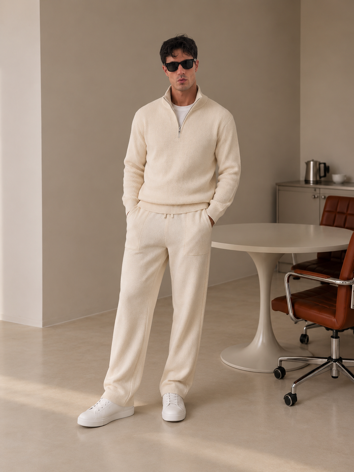 Ensemble En Maille Homme Demi Zip Col Montant Et Pantalon