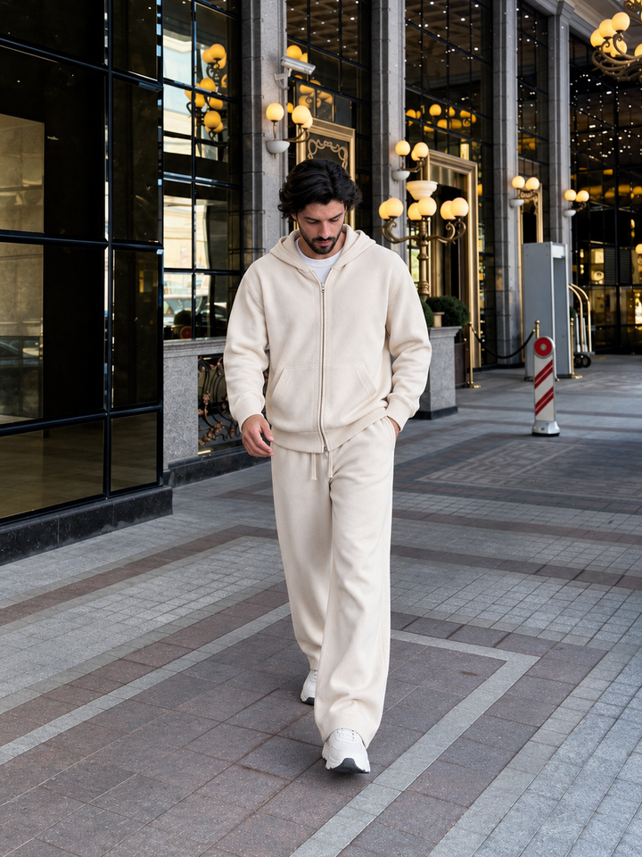 Ensemble Maille Homme Capuche Tricotée Zip Intégral Et Pantalon Droit