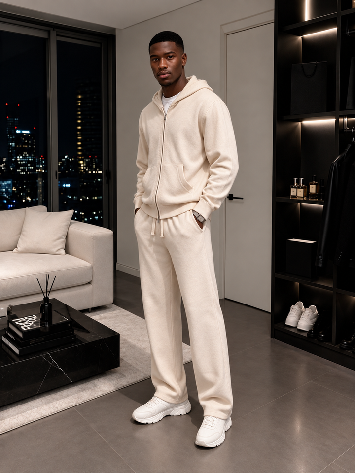 Ensemble Maille Homme Capuche Tricotée Zip Intégral Et Pantalon Droit