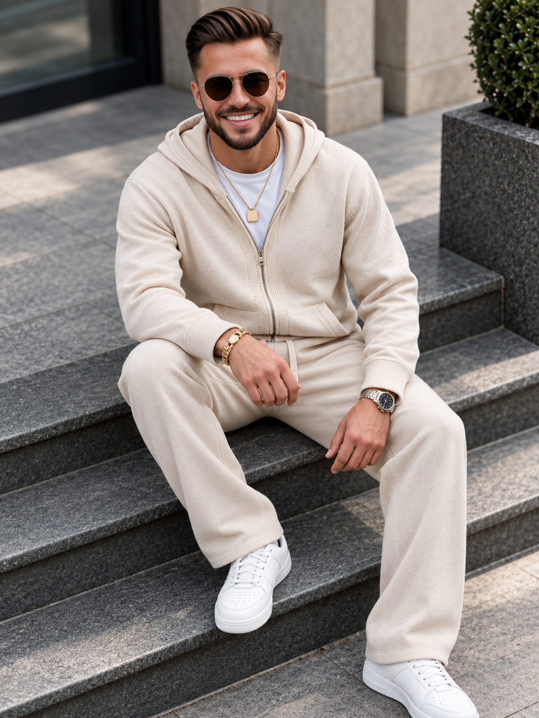 Ensemble Maille Homme Capuche Tricotée Zip Intégral Et Pantalon Droit