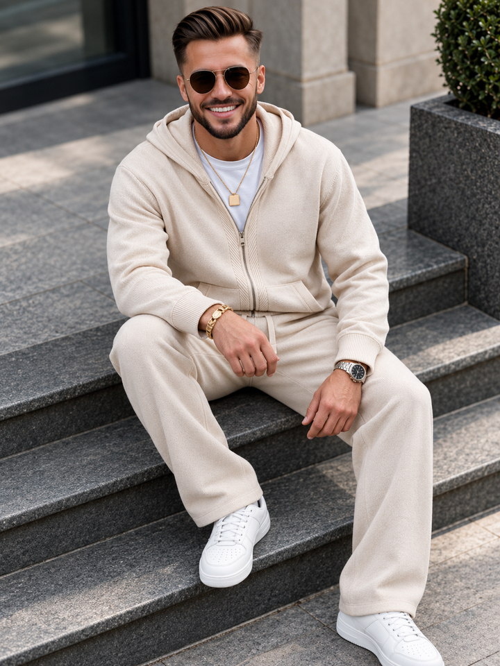 Ensemble Maille Homme Capuche Tricotée Zip Intégral Et Pantalon Droit