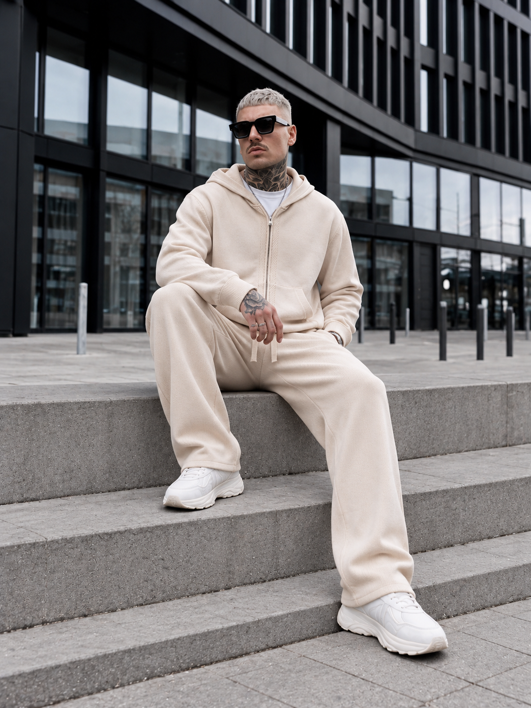 Ensemble Maille Homme Capuche Tricotée Zip Intégral Et Pantalon Droit