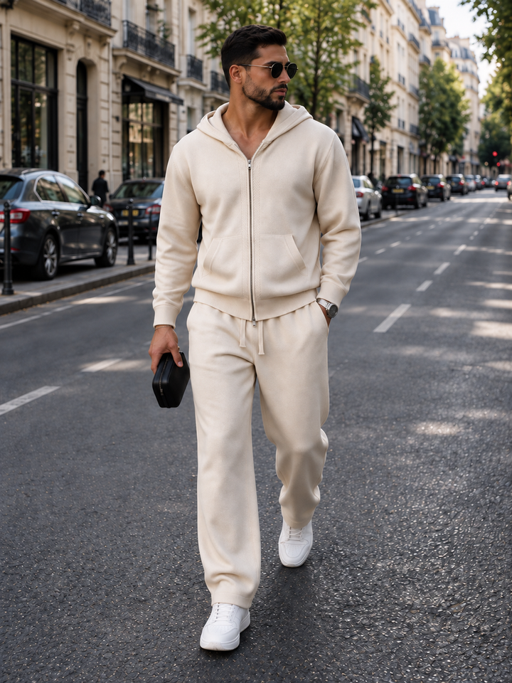 Ensemble Maille Homme Capuche Tricotée Zip Intégral Et Pantalon Droit