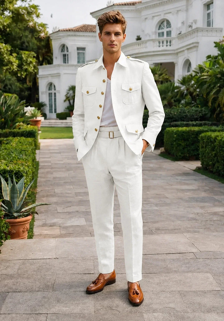 Costume Deux Pièces Homme Coupe Moderne en Mélange de Lin avec Veste Saharienne et Pantalon Plissé
