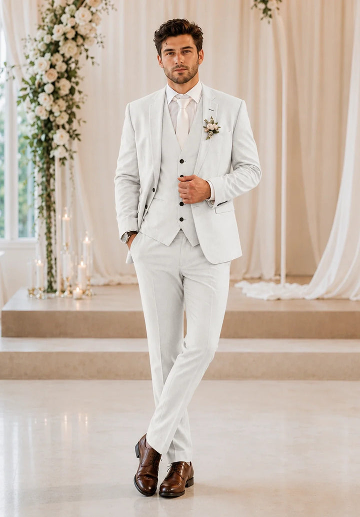Men's Slim-Fit Three-Piece Suit in a Linen Blend with Notch Lapel and Five-Button Vest