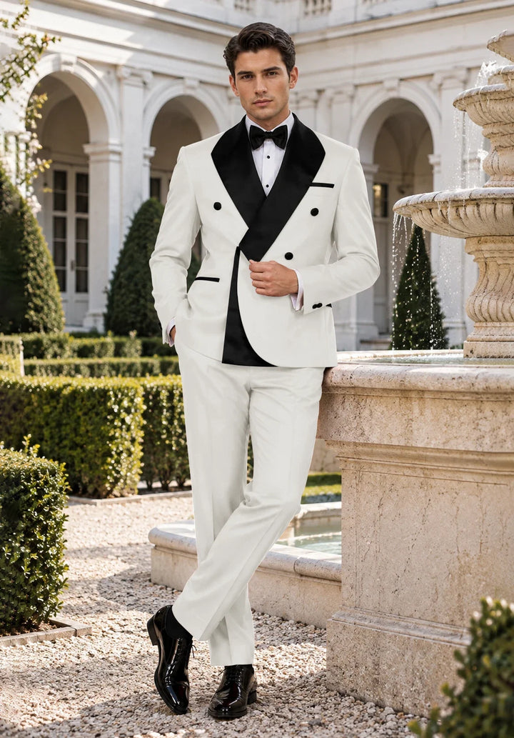 Men's Slim-Fit Double-Breasted Two-Piece Tuxedo Suit with Contrasting Lapel