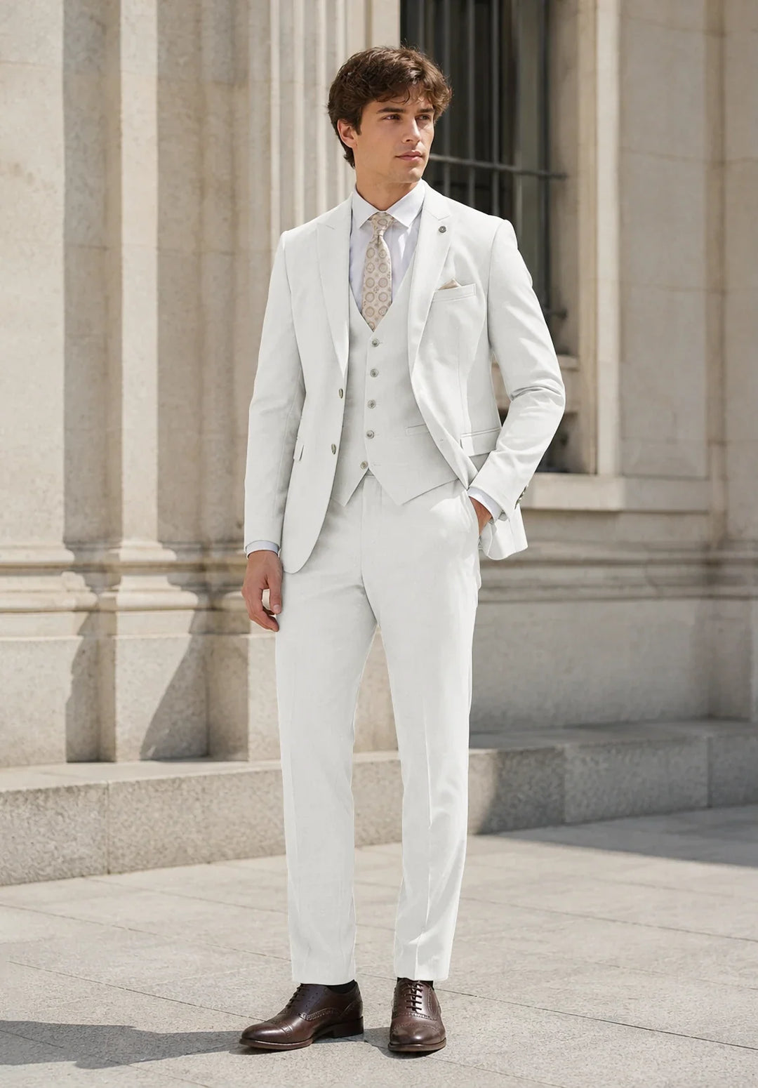 Costume Trois Pièces Homme Coupe Slim avec Col Notch et Gilet Six Boutons