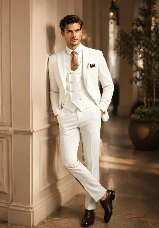 Costume Trois Pièces Homme Coupe Slim Élégant avec Col Peak et Gilet Croisé