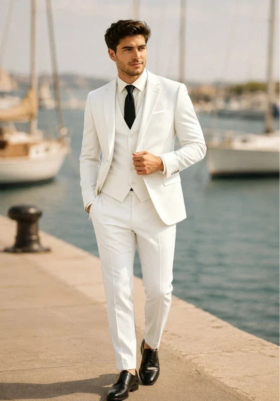 Costume Trois Pièces Homme Coupe Ajustée avec Col Notch et Gilet Col V