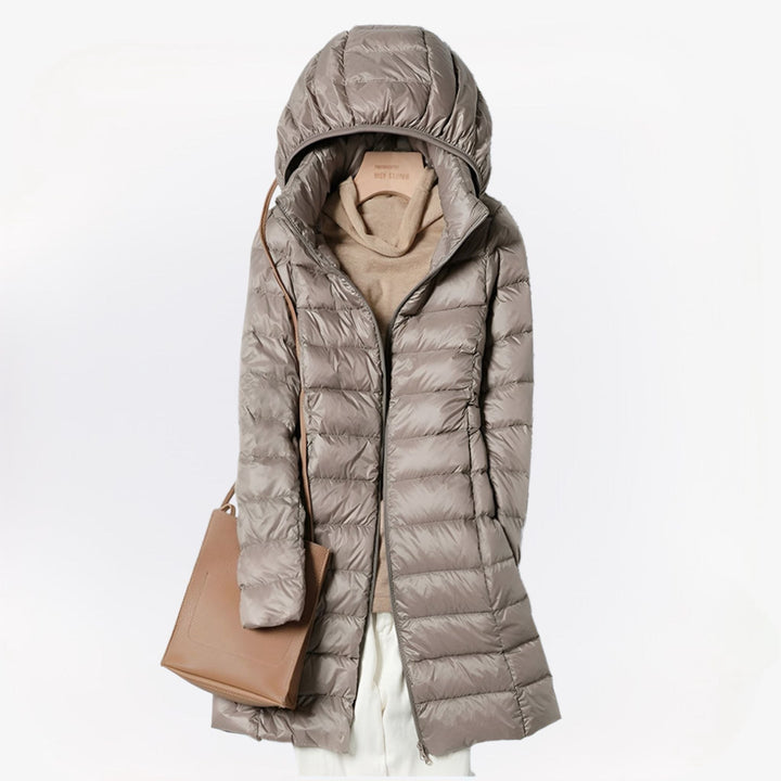 Women's Long Padded Hooded Coat with Zip Closure and Side Pockets