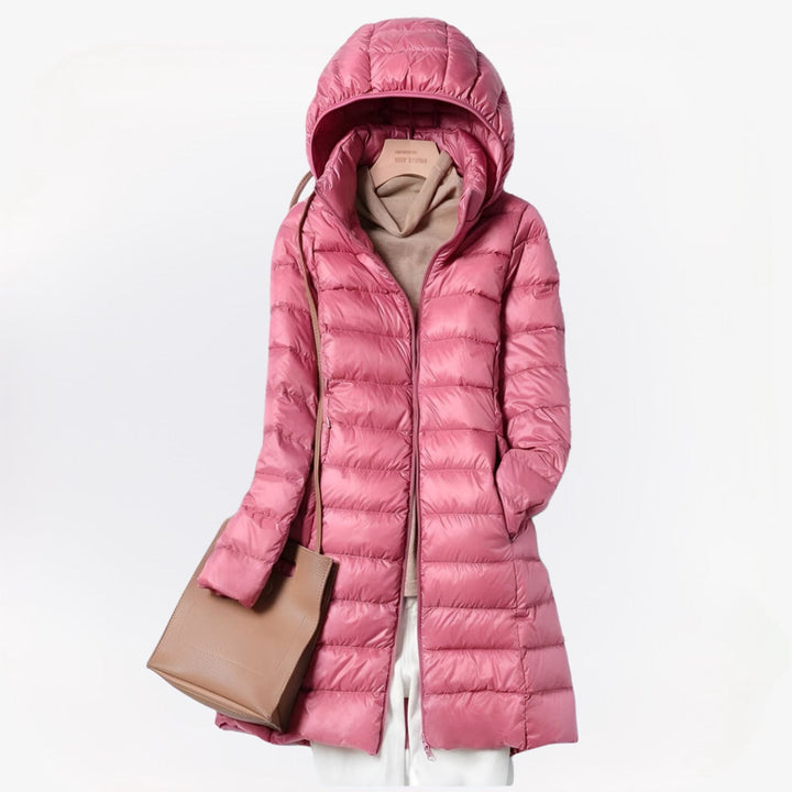 Women's Long Padded Hooded Coat with Zip Closure and Side Pockets