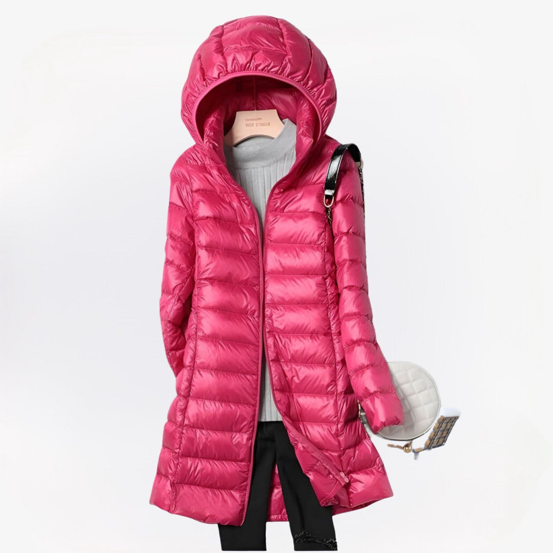 Women's Long Padded Hooded Coat with Zip Closure and Side Pockets