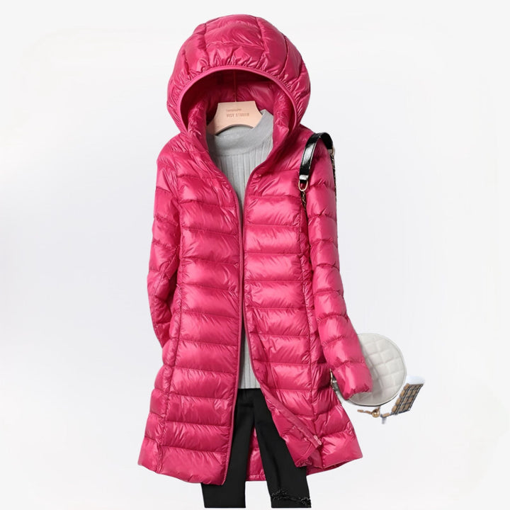 Women's Long Padded Hooded Coat with Zip Closure and Side Pockets