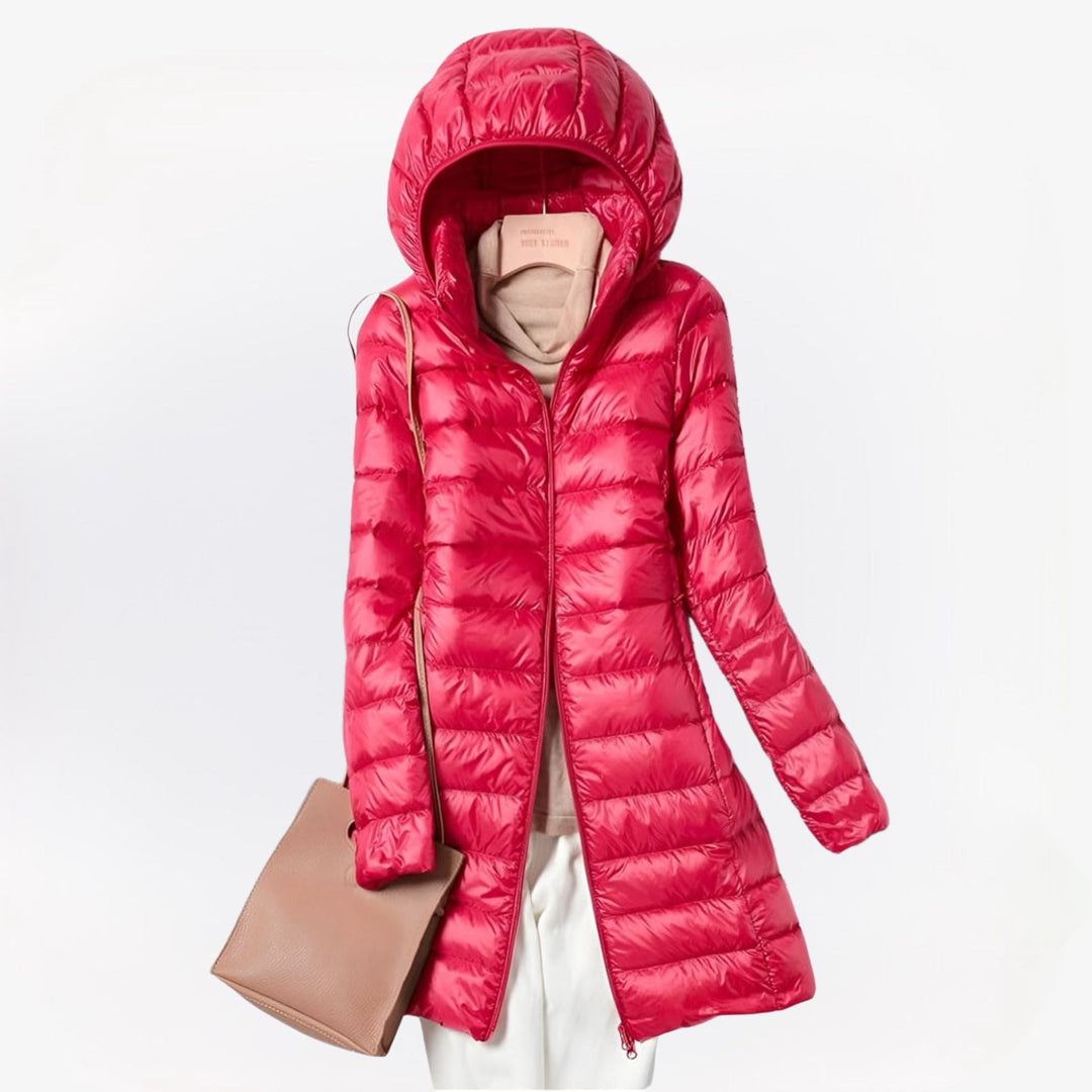 Women's Long Padded Hooded Coat with Zip Closure and Side Pockets