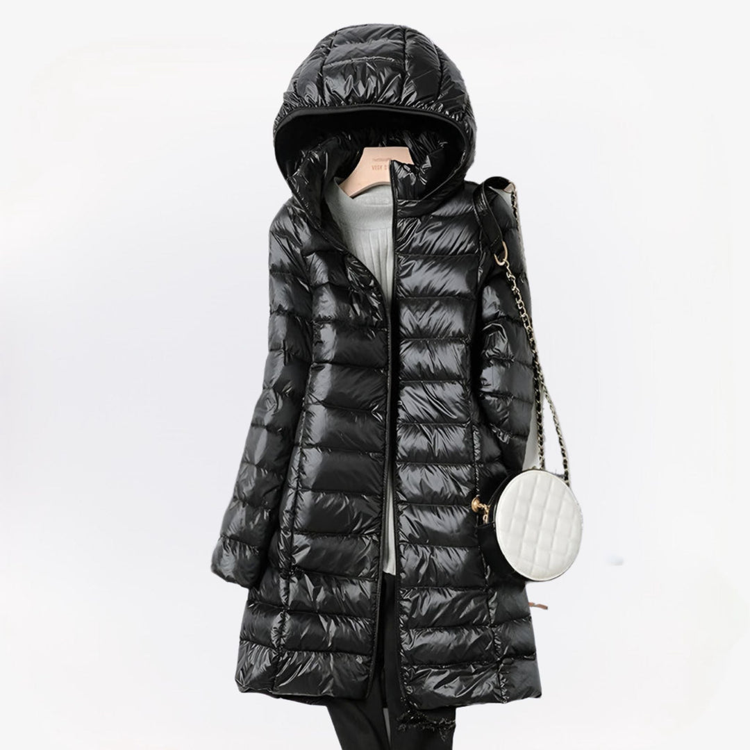 Women's Long Padded Hooded Coat with Zip Closure and Side Pockets