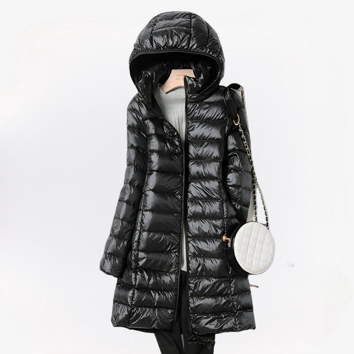 Women's Long Padded Hooded Coat with Zip Closure and Side Pockets