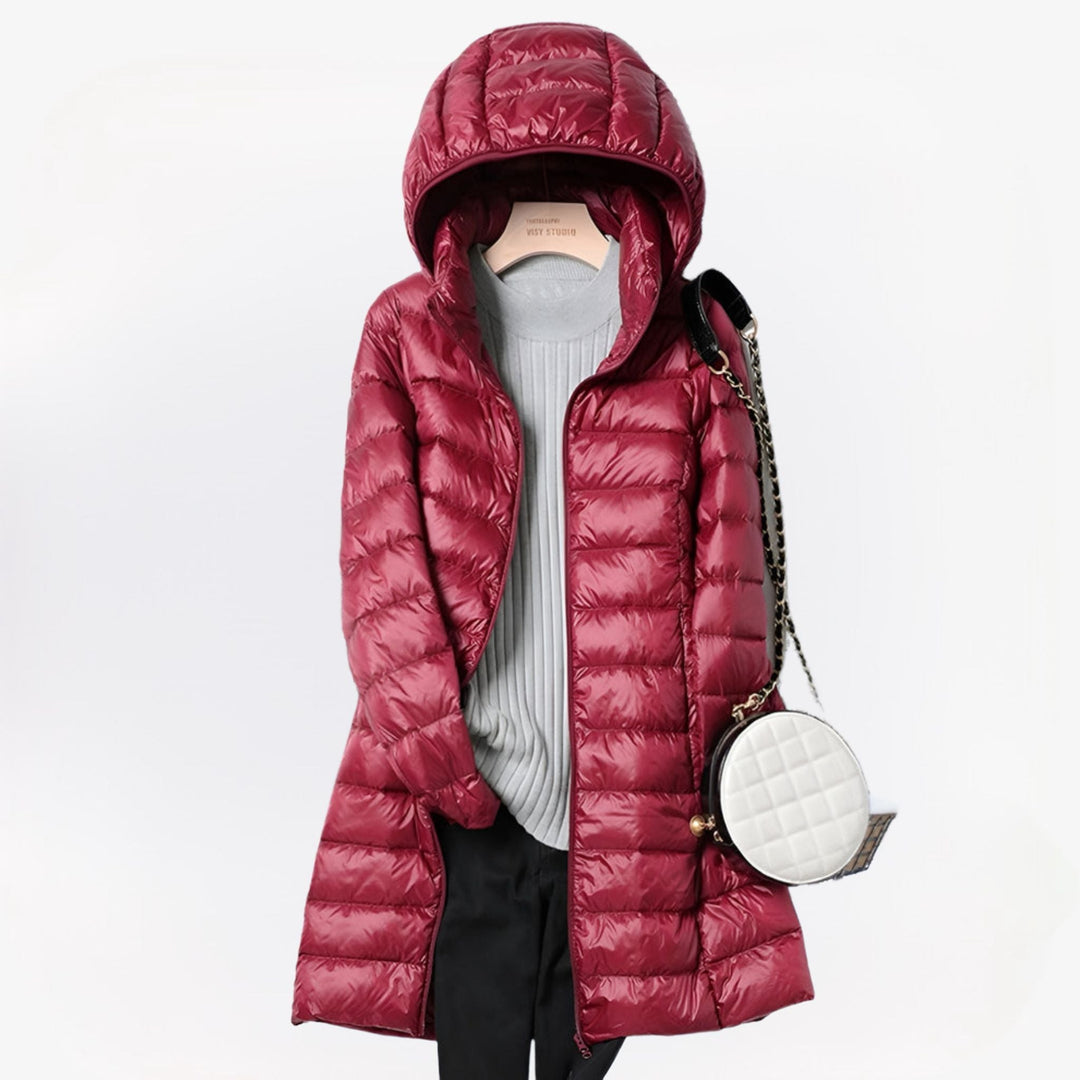 Women's Long Padded Hooded Coat with Zip Closure and Side Pockets